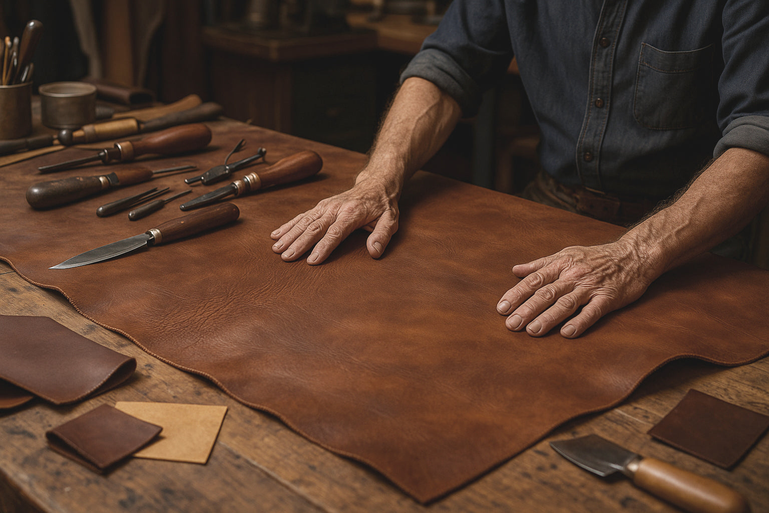 Person working with full-grain leather and tools on a wooden surface