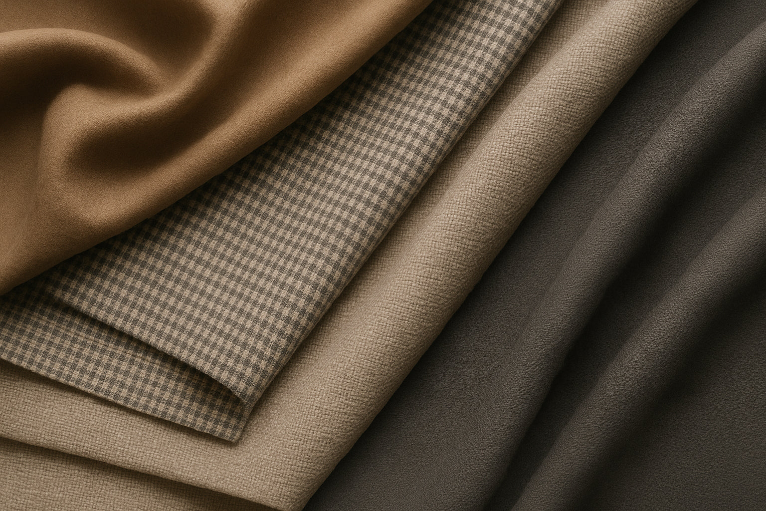 Stack of brown fabric swatches with different textures and patterns.