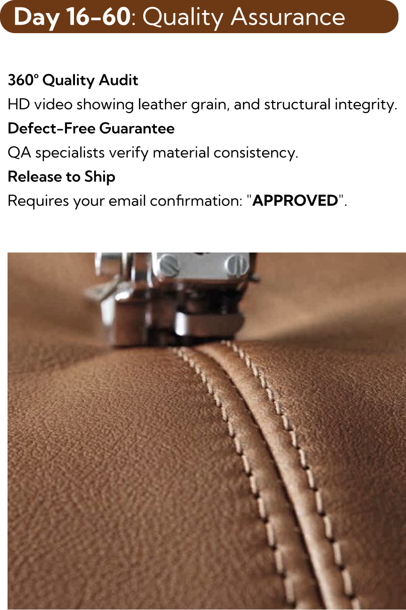 Close-up of leather product with stitching detail, quality assurance text overlay.