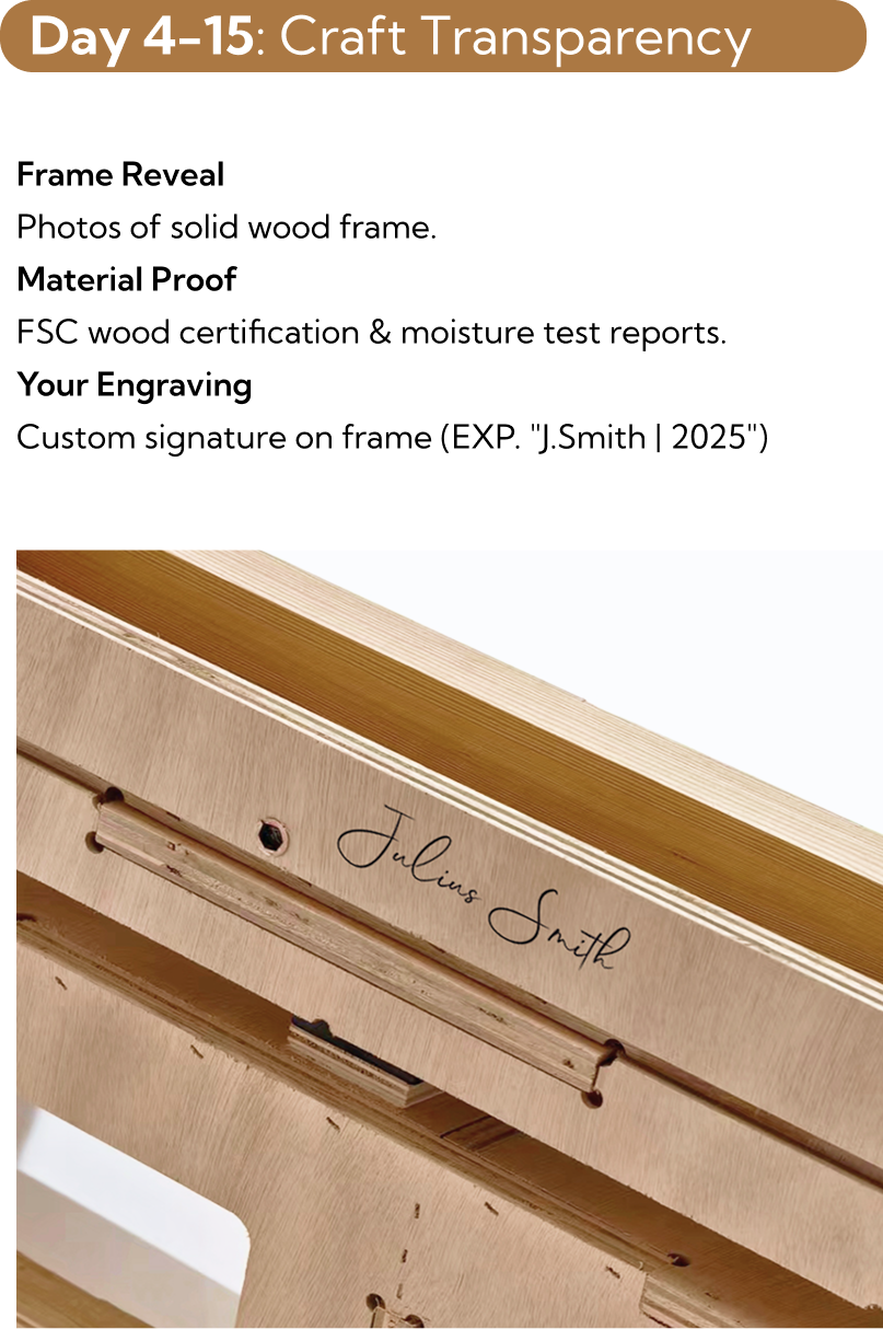 Wooden frame with engraved name and year, FSC certification details.