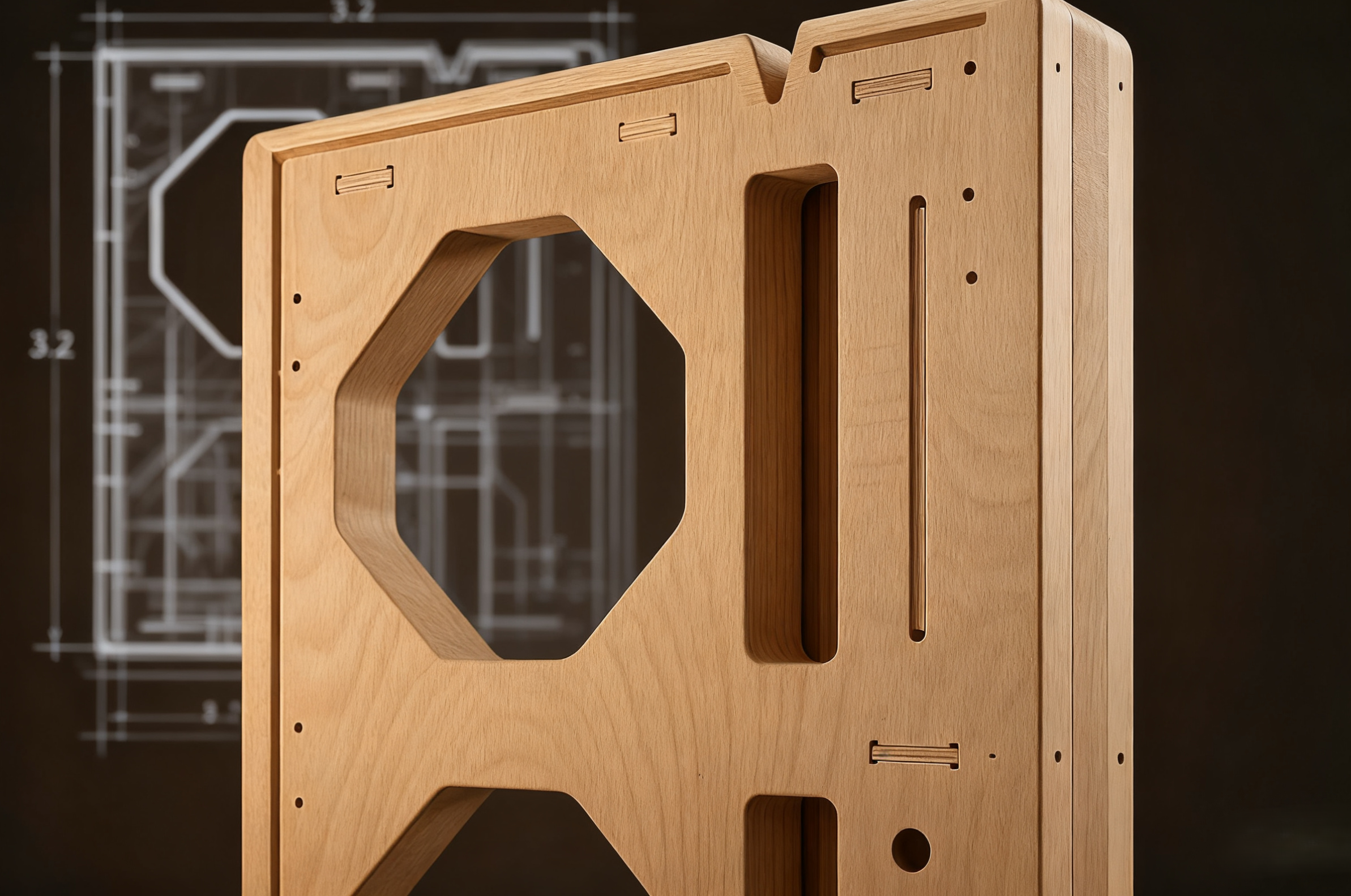 Wooden frame structure with technical drawings in the background